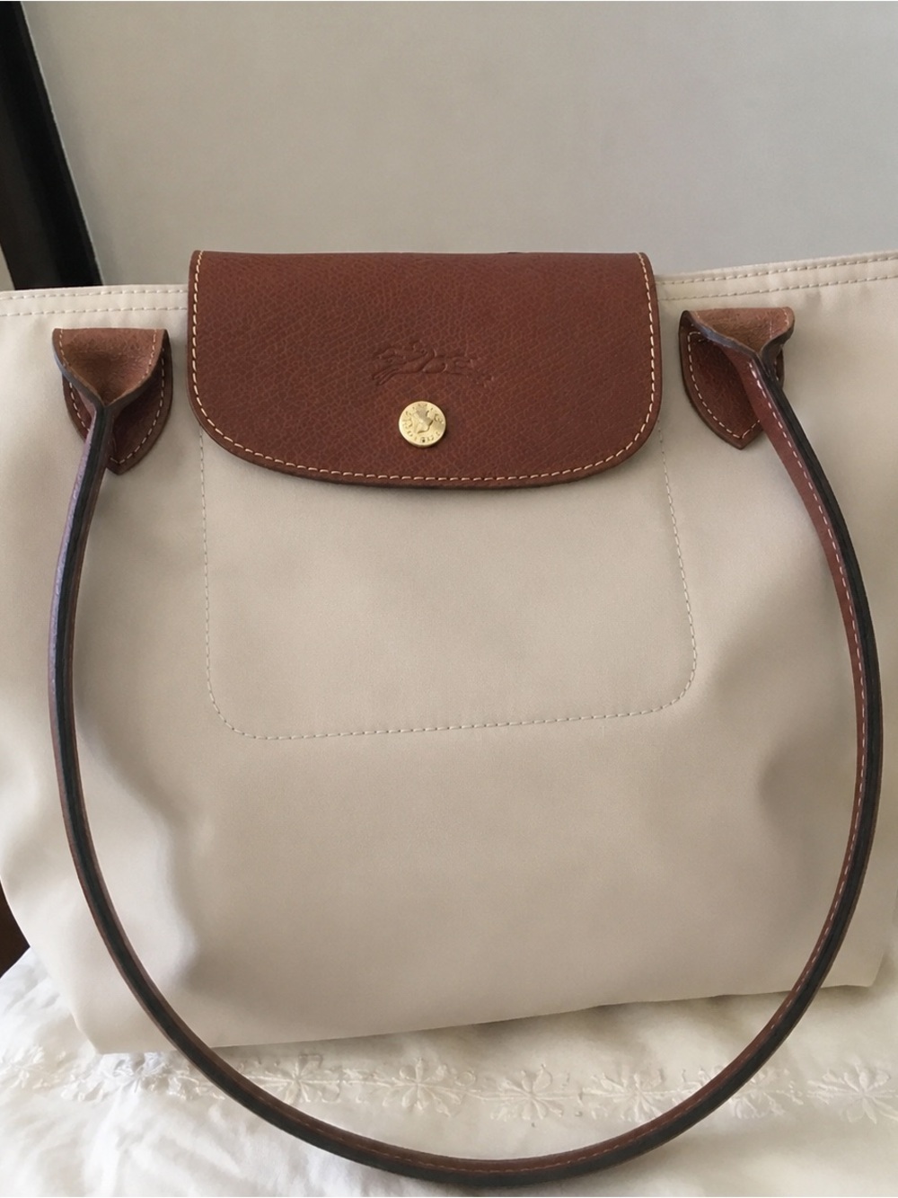 Longchamp Cream Canvas Tote with Brown Leather Trim - Picture 4 of 4